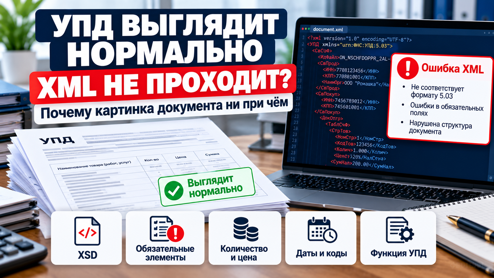 УПД выглядит нормально, но XML не проходит проверку ЭДО